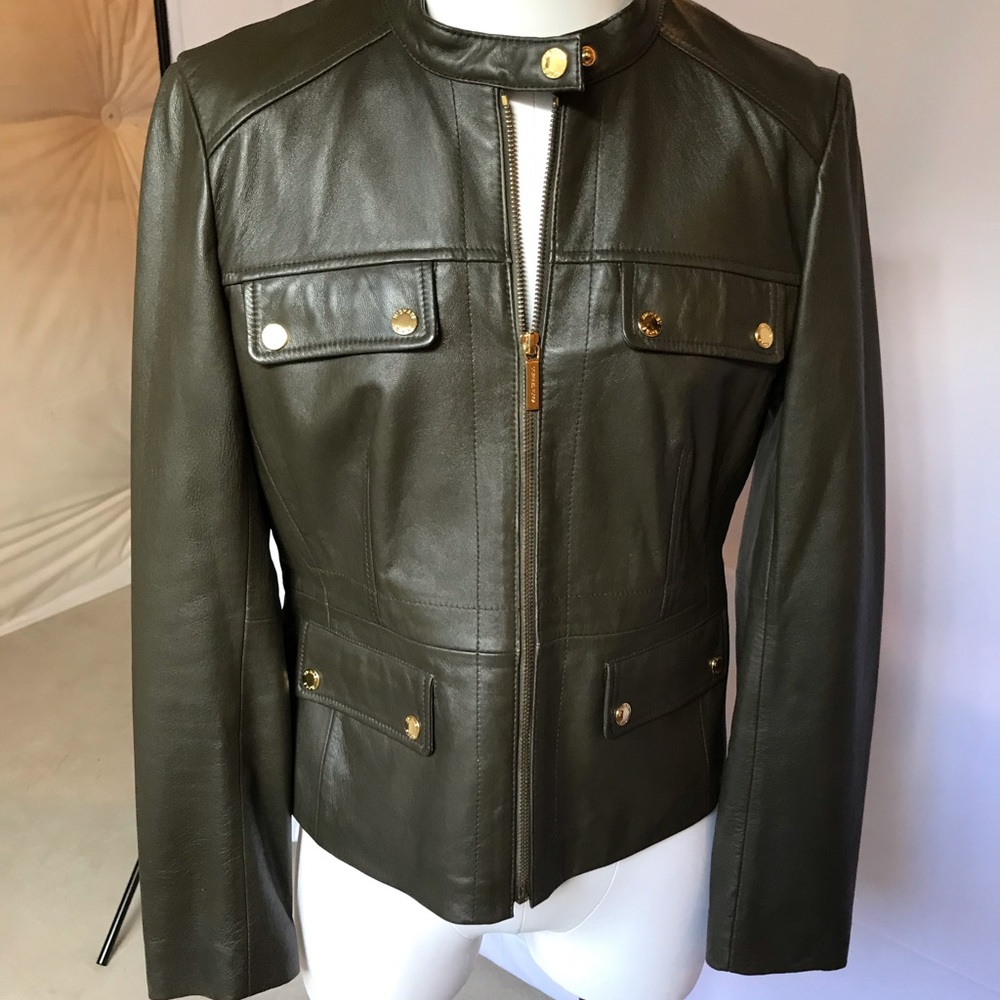 Michael Kors dark olive leather jacket NWT Sz L